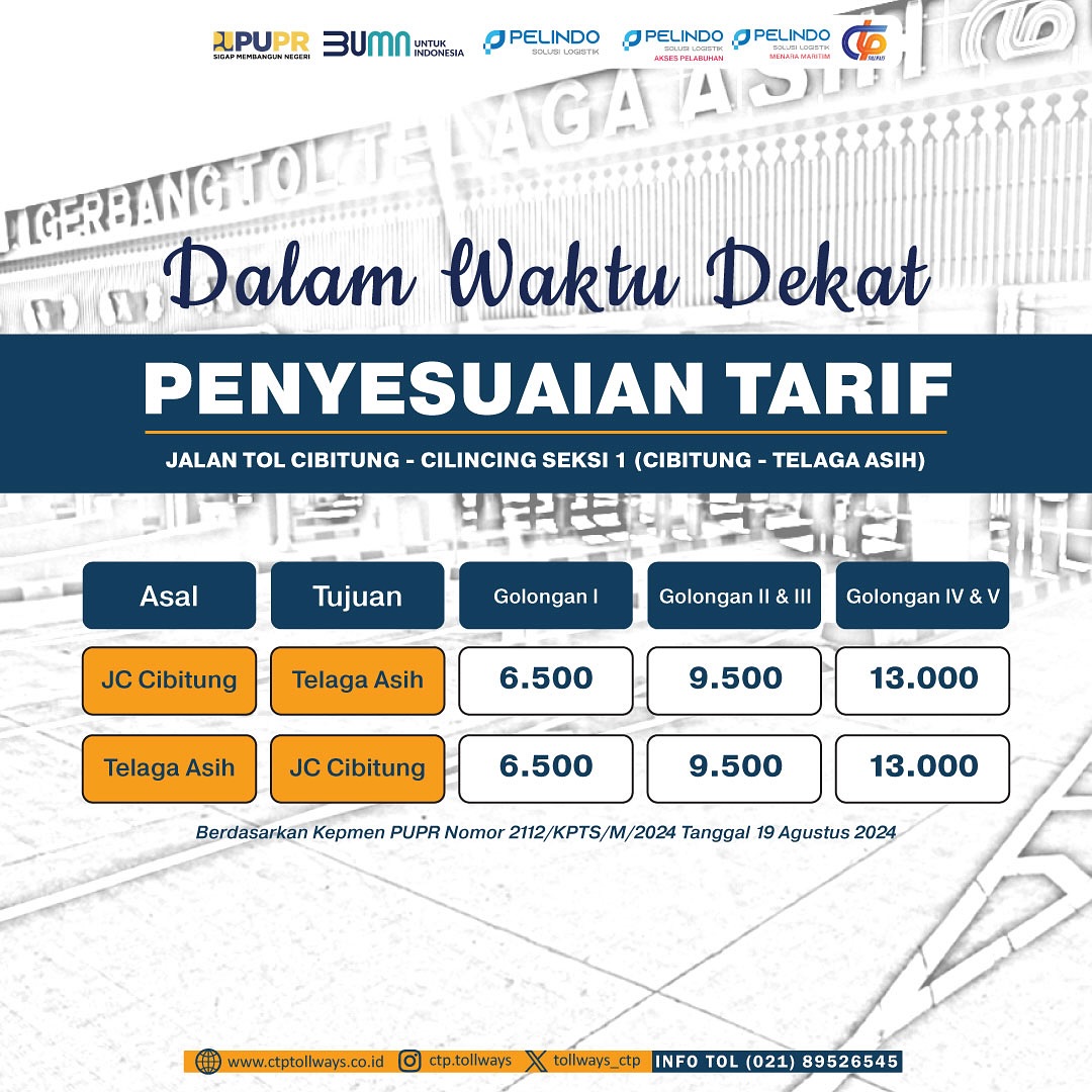 Penyesuaian Tarif JTCC Seksi 1 Segmen JC Cibitung Hingga IC Telaga Asih