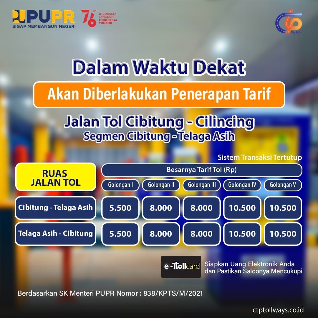 Pemberlakuan Tarif Jalan Tol Cibitung – Cilincing Seksi 1 Segmen Cibitung – Telaga Asih