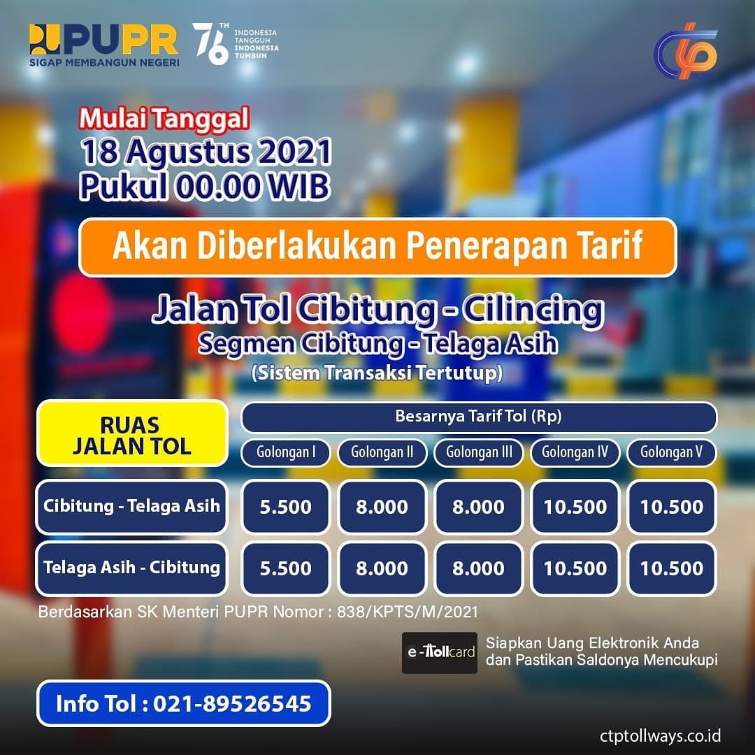 Pemberlakuan Tarif Jalan Tol Cibitung-Cilincing Seksi 1 Segmen Cibitung-Telaga Asih